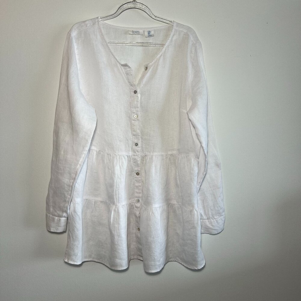 Sigrid Olsen 100% Linen long line boho V neck buton down blouse size M